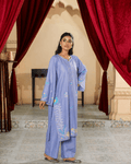 Periwinkle Blue Floral Embroidered Cotton Long Shirt Set