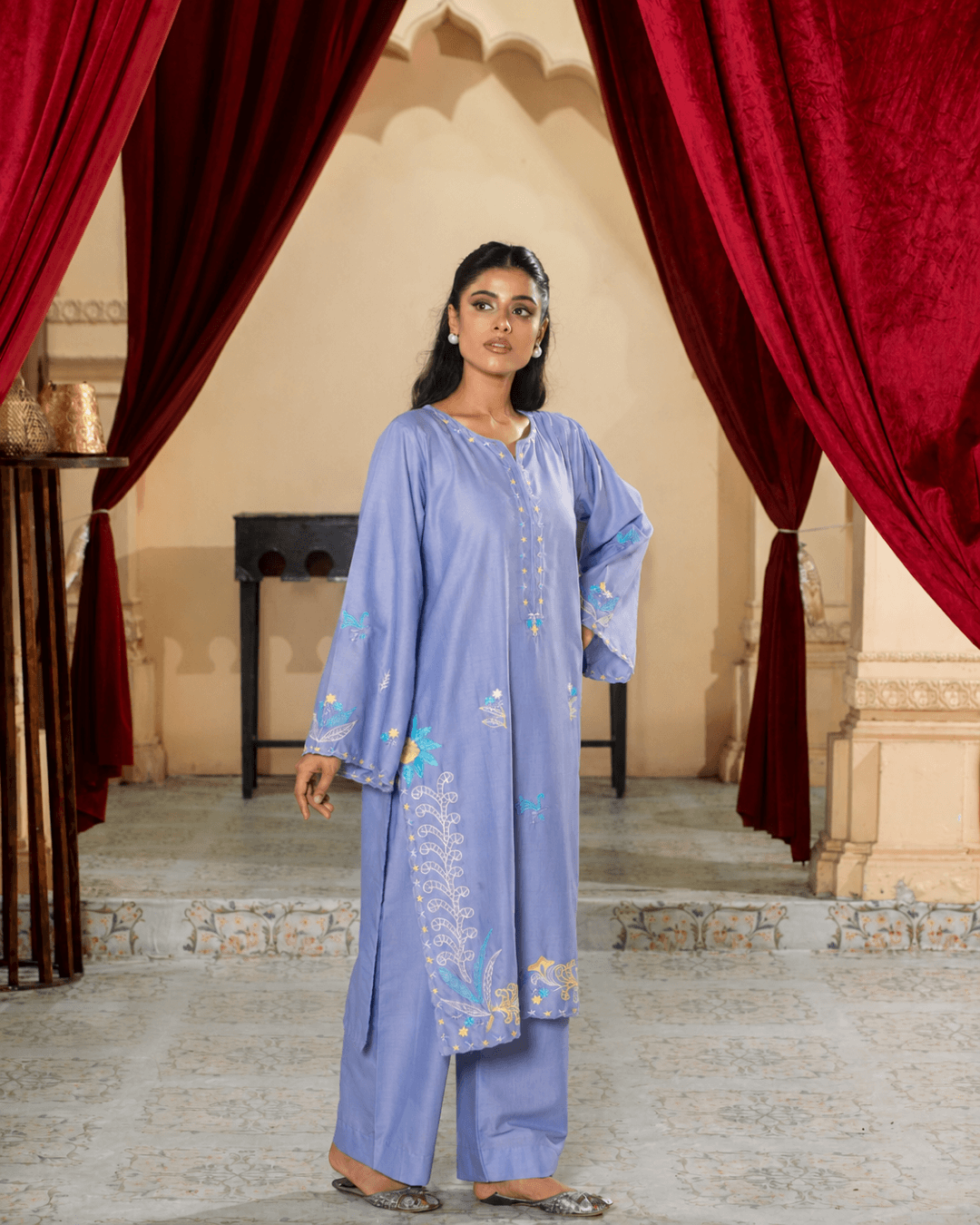 Periwinkle Blue Floral Embroidered Cotton Long Shirt Set