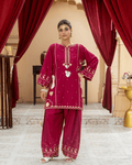 Deep Magenta Applique & Embroidered Cotton Short Shirt Set