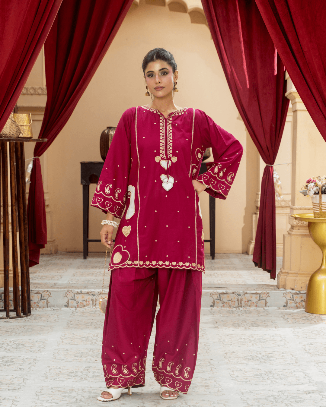 Deep Magenta Applique & Embroidered Cotton Short Shirt Set