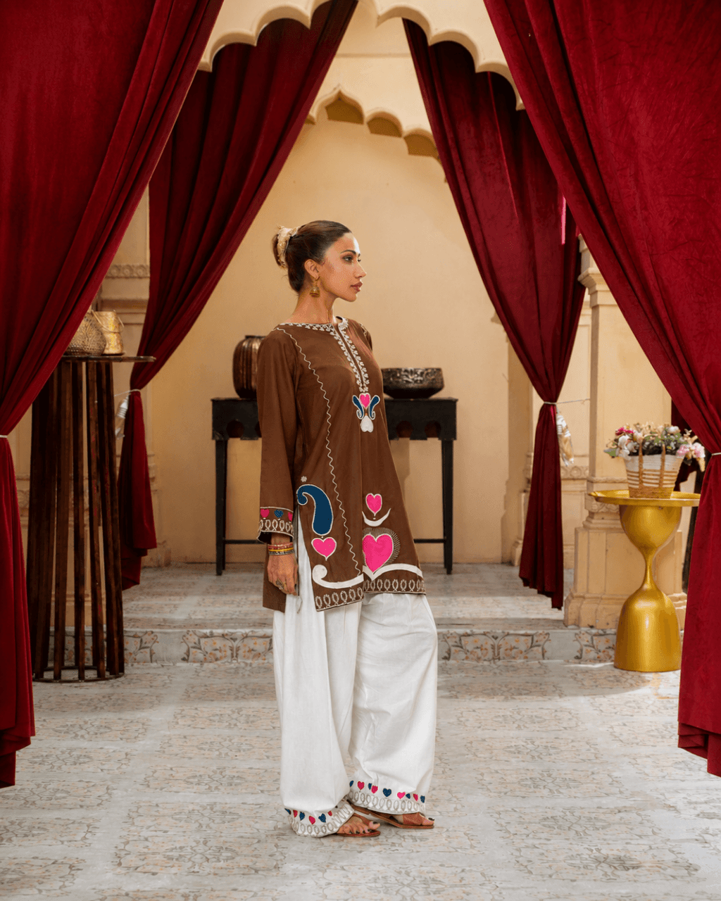 Chocolate Brown Appliqué Cotton Short Shirt & Trouser Set