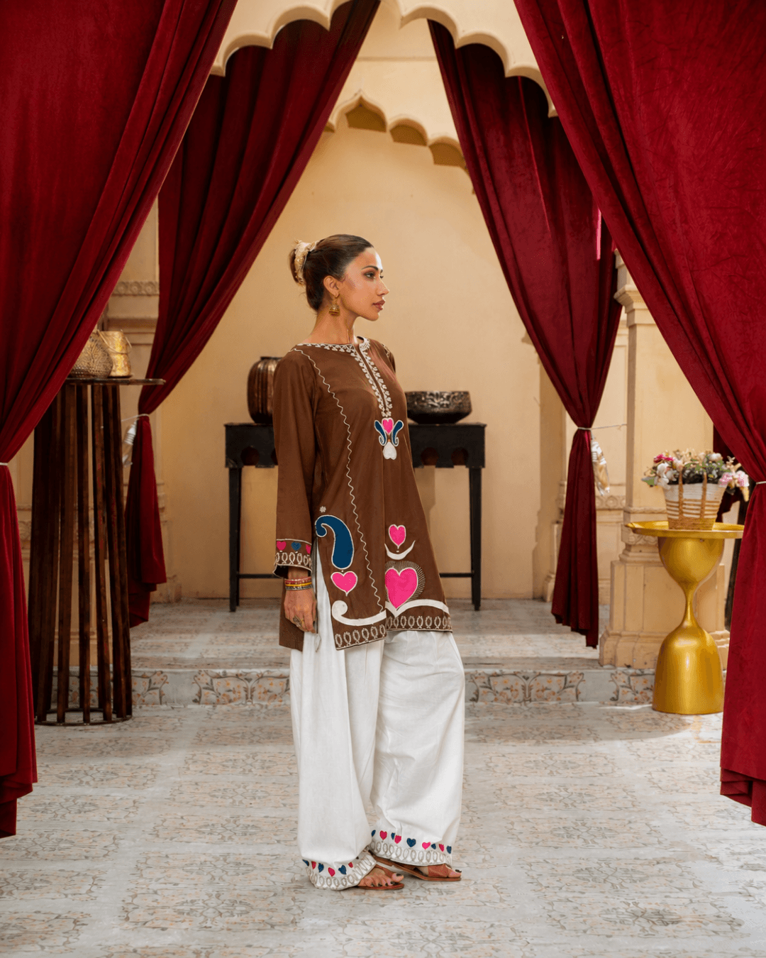 Chocolate Brown Appliqué Cotton Short Shirt & Trouser Set