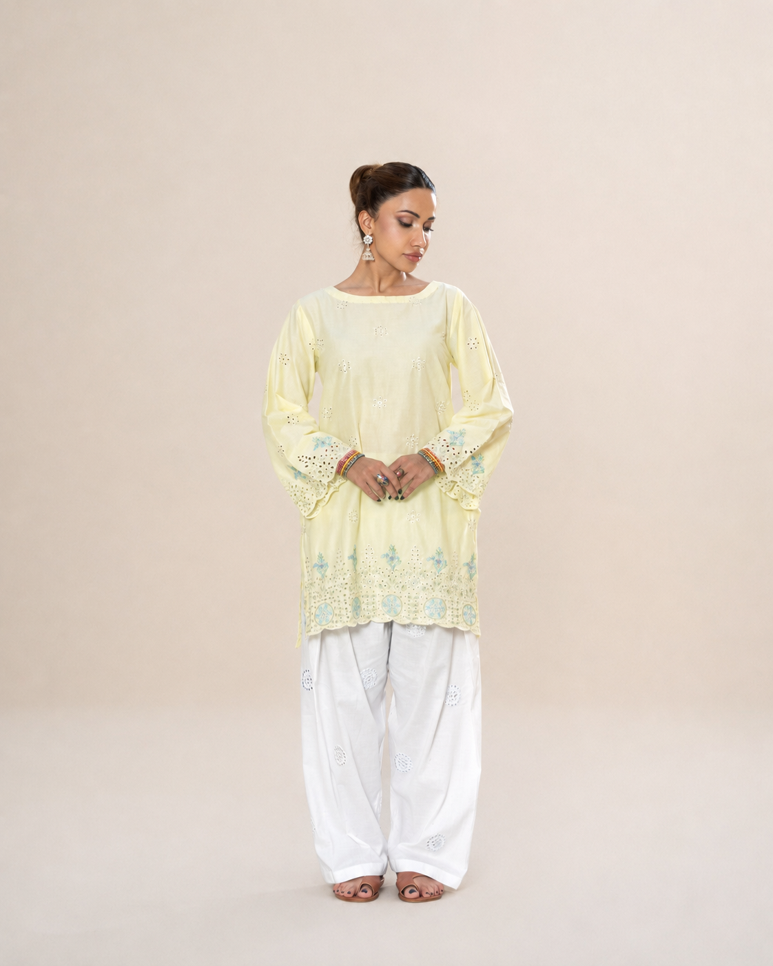 Lemon Yellow Chikankari Cotton Tunic & Embroidered Shalwar