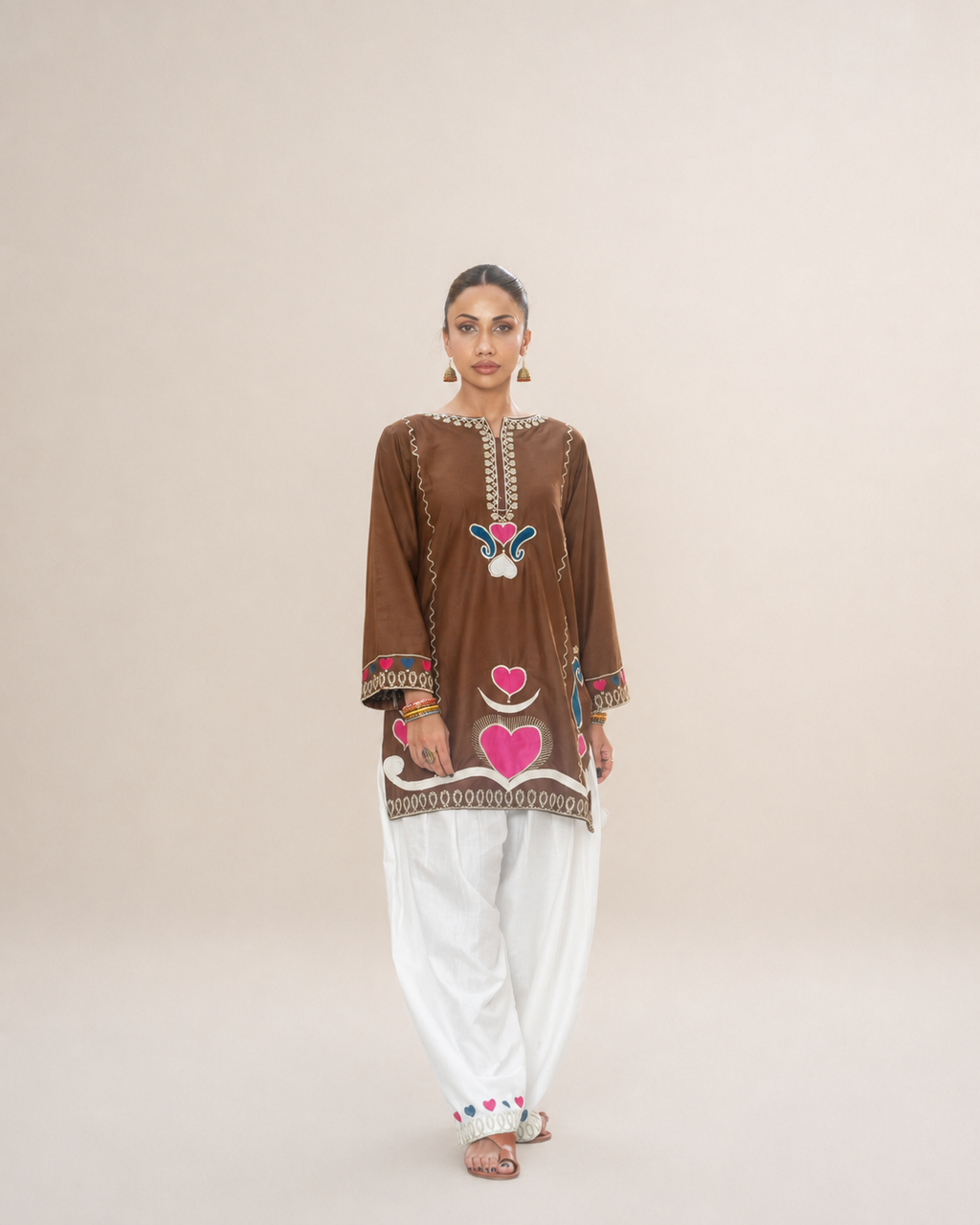 Chocolate Brown Appliqué Cotton Short Shirt & Trouser Set