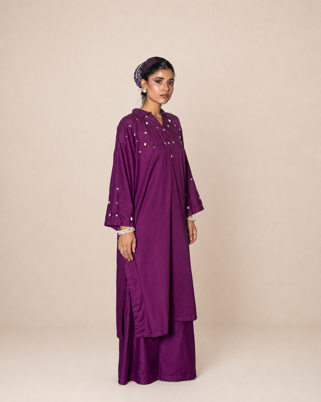 Deep Plum Beaded Collar Cotton Shirt & Wide-Leg Trouser Set