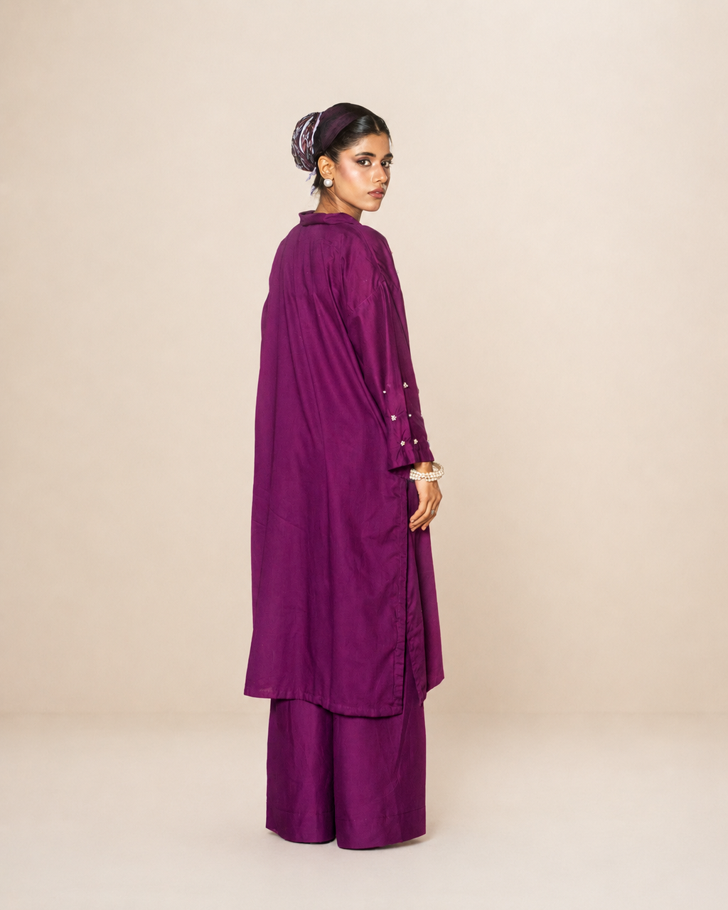 Deep Plum Beaded Collar Cotton Shirt & Wide-Leg Trouser Set