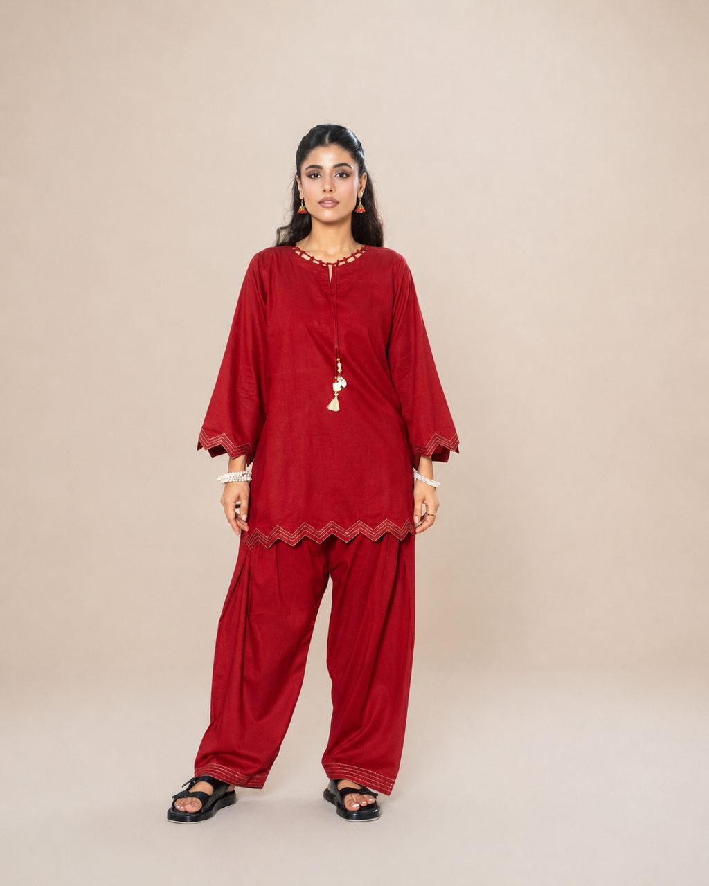 Crimson Red Cutwork Cotton Tunic & Embroidered Shalwar Set