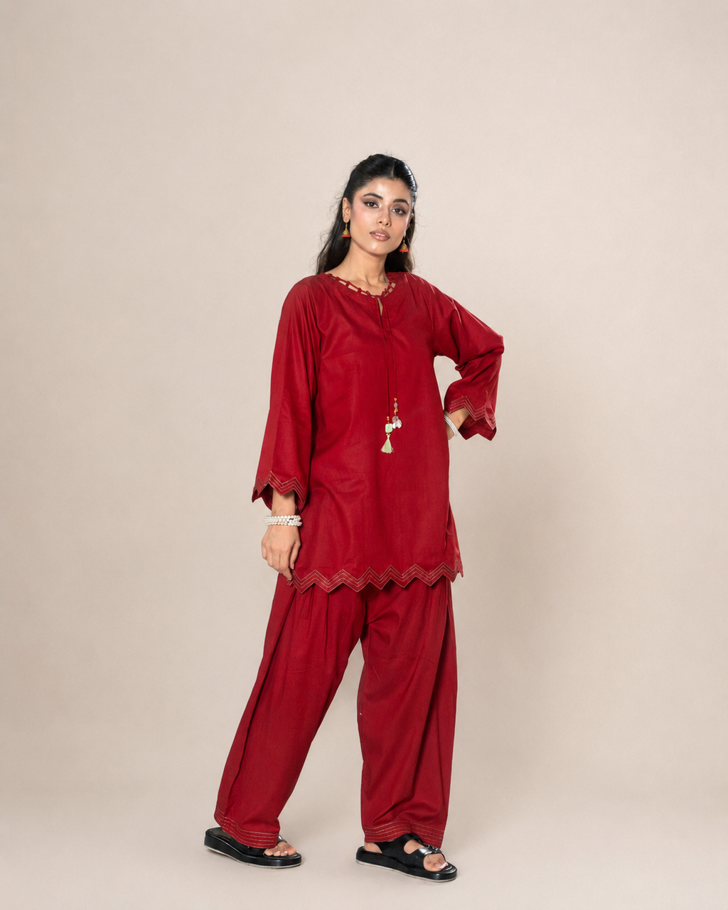 Crimson Red Cutwork Cotton Tunic & Embroidered Shalwar Set