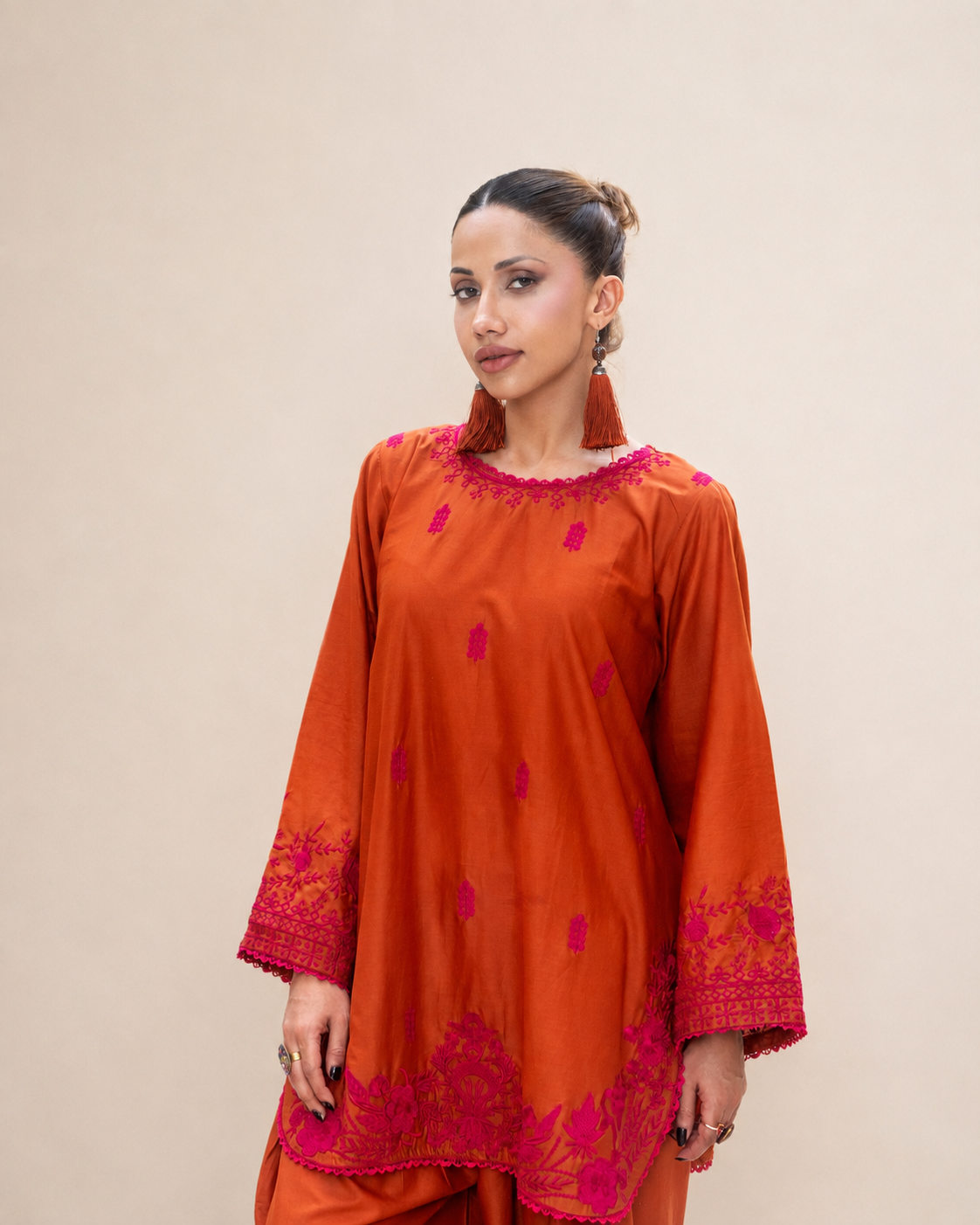 Rust Embroidered Cotton Short Shirt & Farshi Shalwar Set